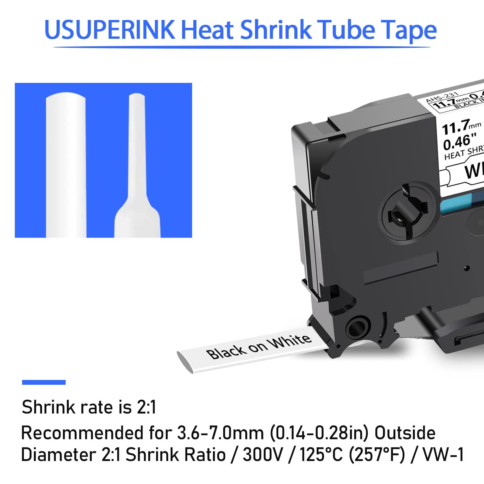 USUPERINK 3 Pack Compatible for Brother Ptouch HSe-231 HSe231 HS-231 HS231 0.46'' 11.7mm Black on White Heat Shrink Tube Label Tape use in PT-D210 PT-D400 PT-E300 PT-E500 PT-P750WVP Label Maker 2