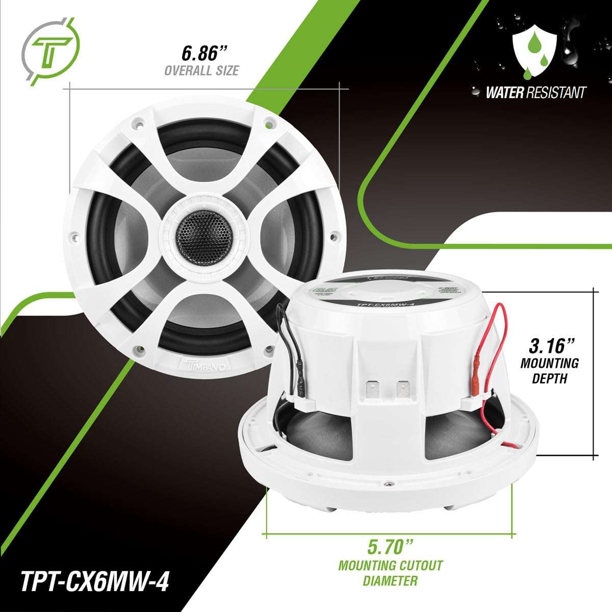 Timpano 6.5 Marine Speakers 450 Watt Per Pair TPT-CX6MW-4 Coaxial 2 Way Waterproof Speakers, 1 Pair, White, Weather Resistant Marine Speakers 6.5 Inch for Boat, ATV or RV Speakers, Bocinas Marinas 3