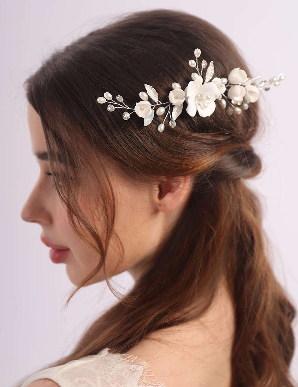 Rumtock White Flower Silver Hair Comb with Pearl Beads Wedding Bridal Jewelry Set Women Special Occasion Hair Piece (Silver) 5