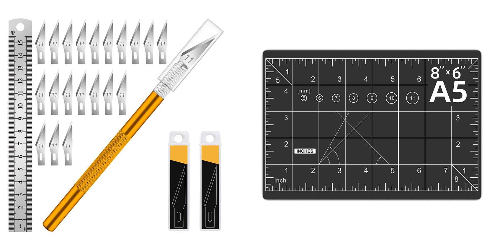 DIYSELF 1 Pcs Craft Knife Hobby Knife with 20 Pcs Stainless Steel Blades Kit and Black Cutting Mat 6in×8in (Gold)