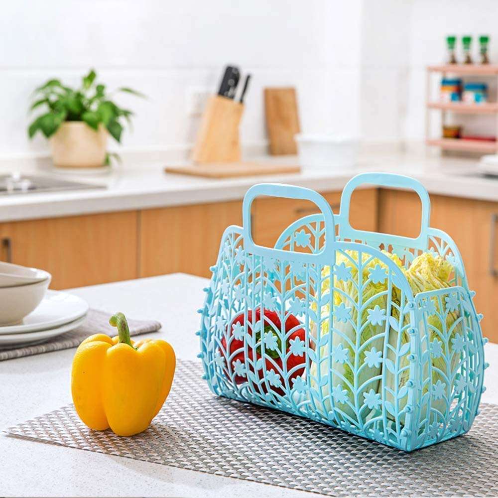 kavach Enterprise Creative Designed Fruit & Vegetable Storage Basket Foldable Bag for Shopping | Living Room,Party & Travelling Bag| Plastic | Light Weight & Smart Look (Multi Color) (1) 1