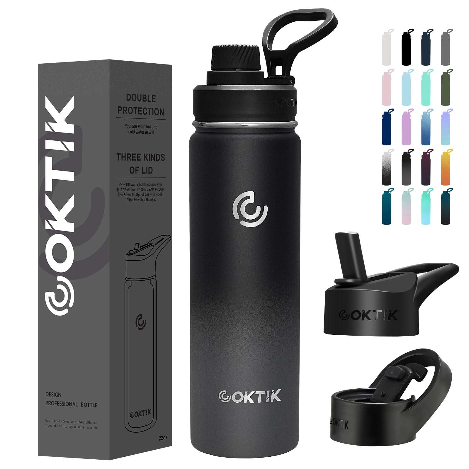 COKTIK Insulated Stainless Steel Water Bottle With Straw Lid, 22 oz Wide Mouth Double Wall Vacuum Insulated Water Bottle Leakproof Lightweight for Hiking, Biking, Running(Gray Gradient) 1