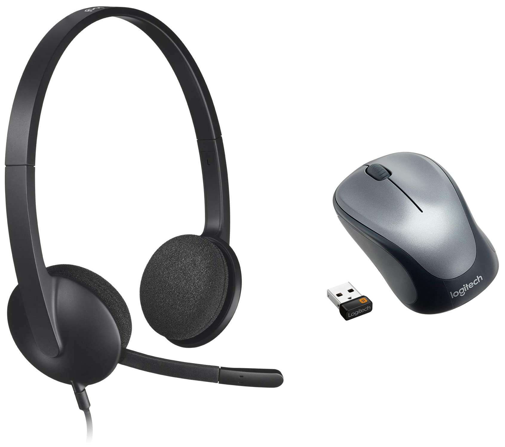 Logitech H340 Stereo Wired Over Ear Headphones with Mic with Noise-Cancelling, USB, Pc/Mac/Laptop - Black & M235 Wireless USB Mouse for Windows and Mac - Black/Grey 1