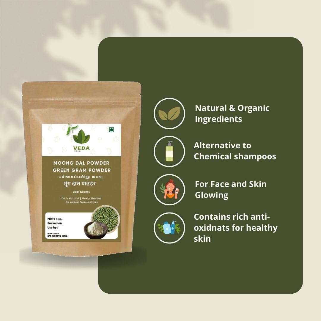 VEDA ORGANICS Green Gram Powder - 200 Grams | Natural Moong Dal Powder for Glowing Skin & Haircare 3