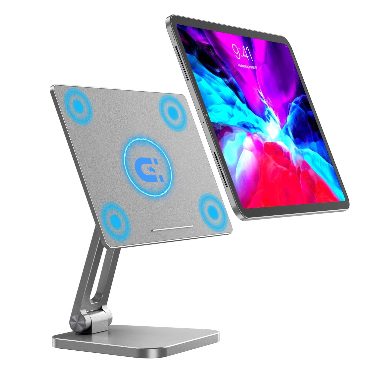 XUNMEJ iPad Pro Stand Magnetic, Updated Tablet Stand Holder, Foldable & Adjustable iPad Holder for Desk Heavy Base Holder for iPad Pro 11 Inch 1st/2nd/3rd/4th Gen & Air 4th 5th(Silver)