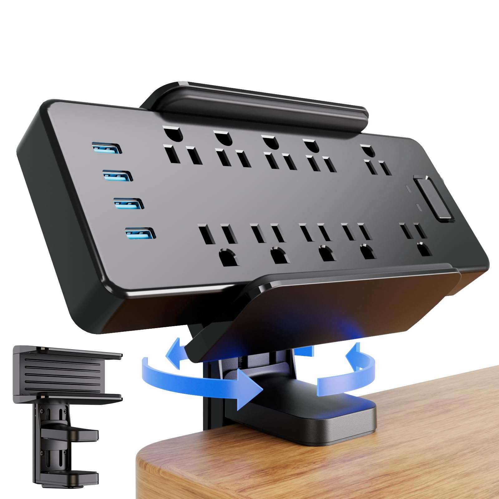 Power Strip Desk Clamp Holder 360° Adjustable Clamp for Under-Desk Cable Management Anti-Scratch Desk Mount Fits Power Strips Desk Edge No-Drill Clamp for Office, Home (Power Strip Not Included) 1