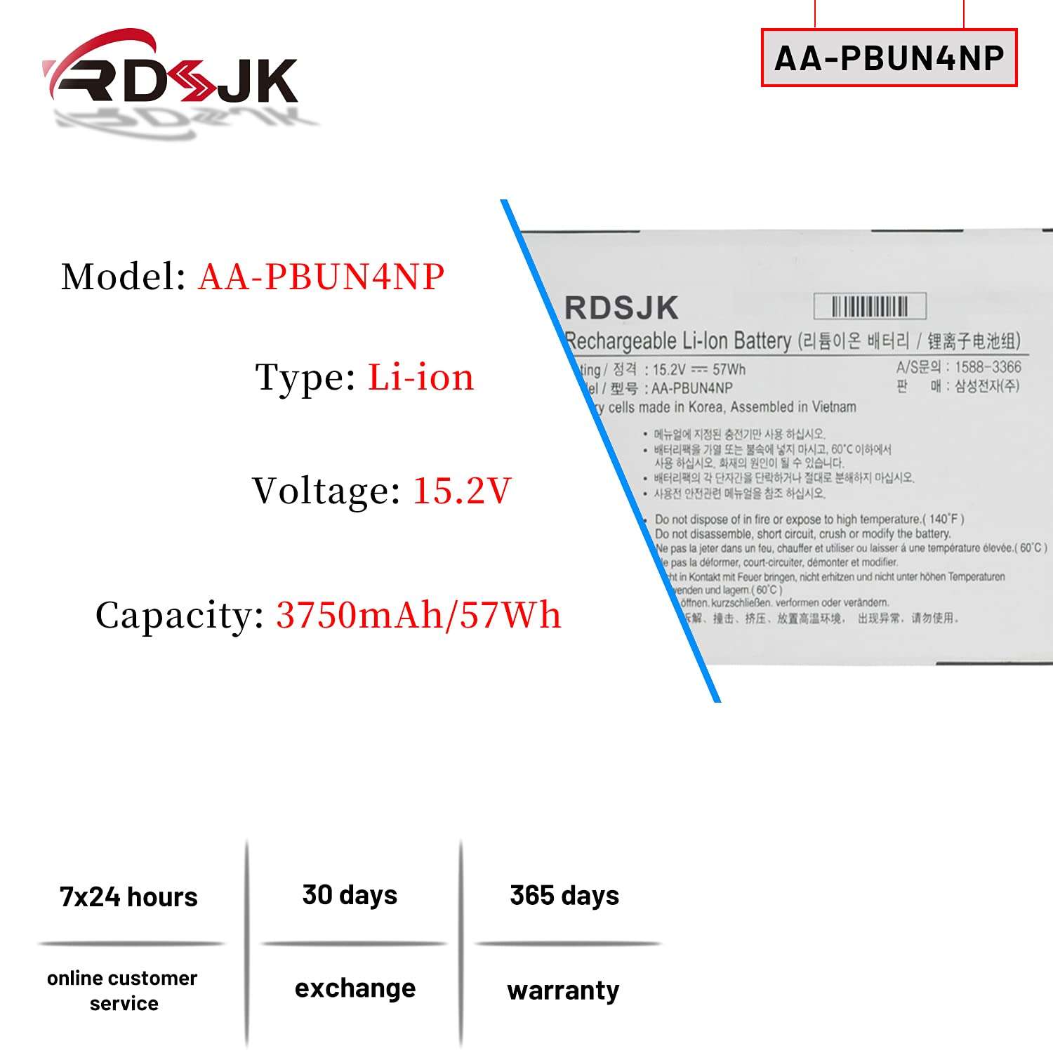 RDSJK AA-PBUN4NP PBUN4NP Laptop Battery for Samsung ATIV Book 9 Pro NP940Z5J NP940Z5L NP940Z5L-X01US NP940Z5L-X03US NP940Z5L-S03US Series AAPBUN4NP BA43-00374A 4ICP6/60/80 15.2V 57Wh 2