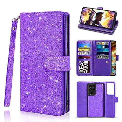 Newseego Compatible Samsung Galaxy S21 Ultra Wallet Case (6.8 Inch),Glitter PU Leather Magnetic Closure Multi-Credit Card Slot Cash Holder Detachable 2 in 1 Wallet Cover with Wrist Strap-Purple 1