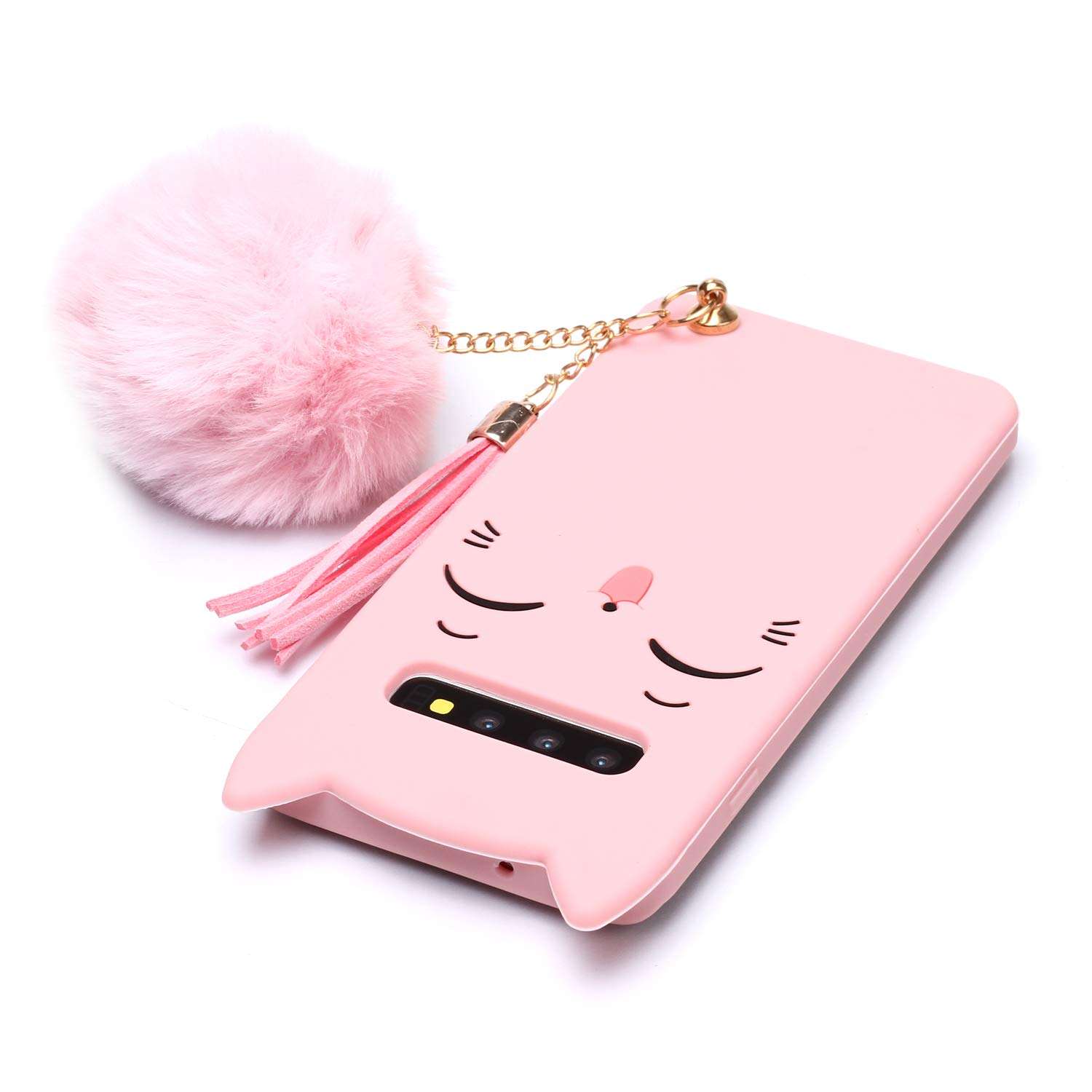 Galaxy S10 Cat Case, Galaxy S10 Silicone Case, Fashion Cute 3D Pink Meow Party Cat Kitty Kids Girls Lady Protective Cases with Pompom/Strap Soft Case Skin for Samsung Galaxy S10 5