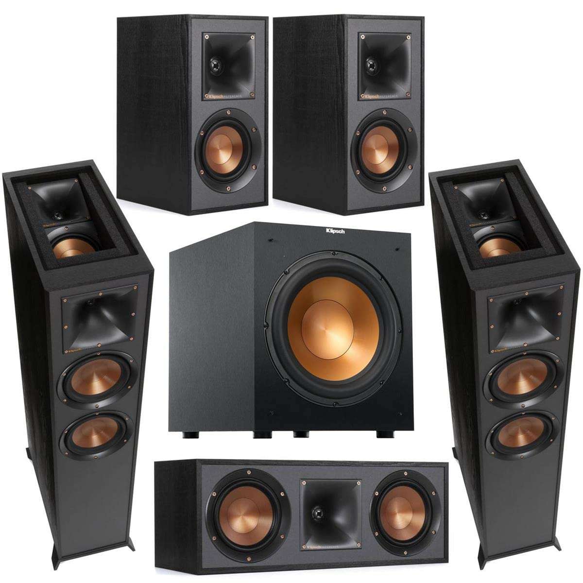 Klipsch Reference 5.1 Dolby Atmos Home Theater System with R-625FA Floorstanding Speakers, R-52C Center, R-41M Surrounds & R-12SW 12" Powered Subwoofer, Black (Speaker System + Subwoofer) 1