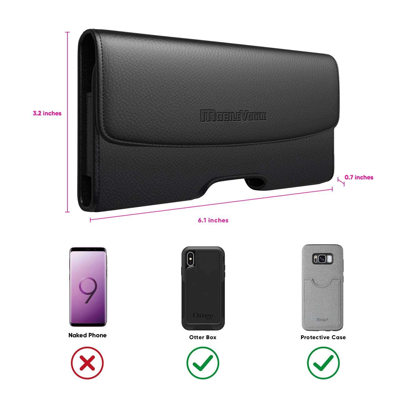 Mobile Vogue by Reiko Premium Eco-Friendly Leather Phone Pouch Belt Clip Holster Compatible with iPhone/Galaxy/Stylo/Android Phone with Protective Case on (Black-MV102, 6.6 x 3.5 x 0.7 in) 6