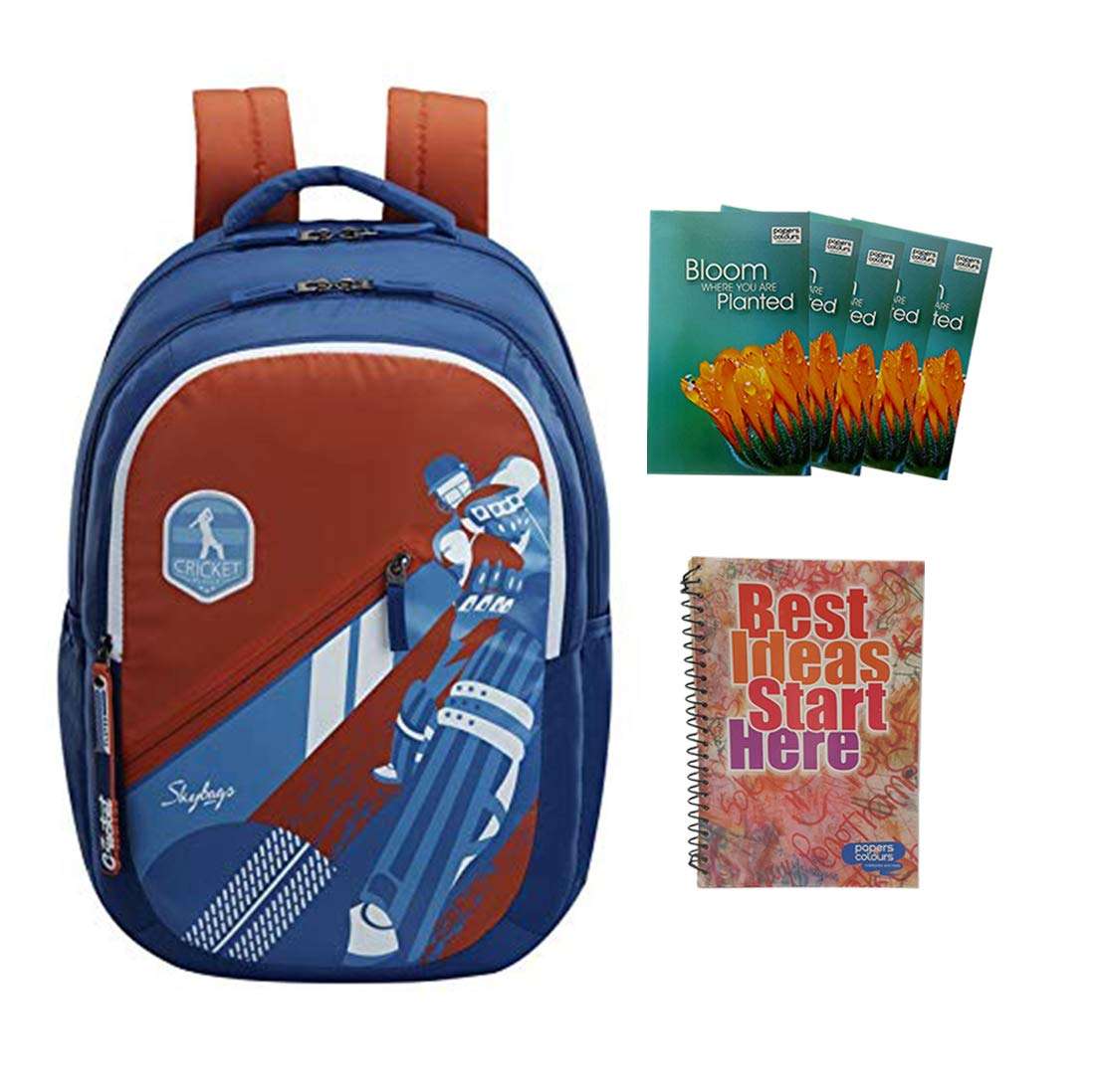 MaBelle ASTRO PLUS 04 SKYBAG Trendy Design 34L School/College Bag Combo with 1 Single Line Spiral Binding 200 Pages Notebook & 5 Register (108 Pages),-01 Set/Secret Pocket, Red-Blue 1