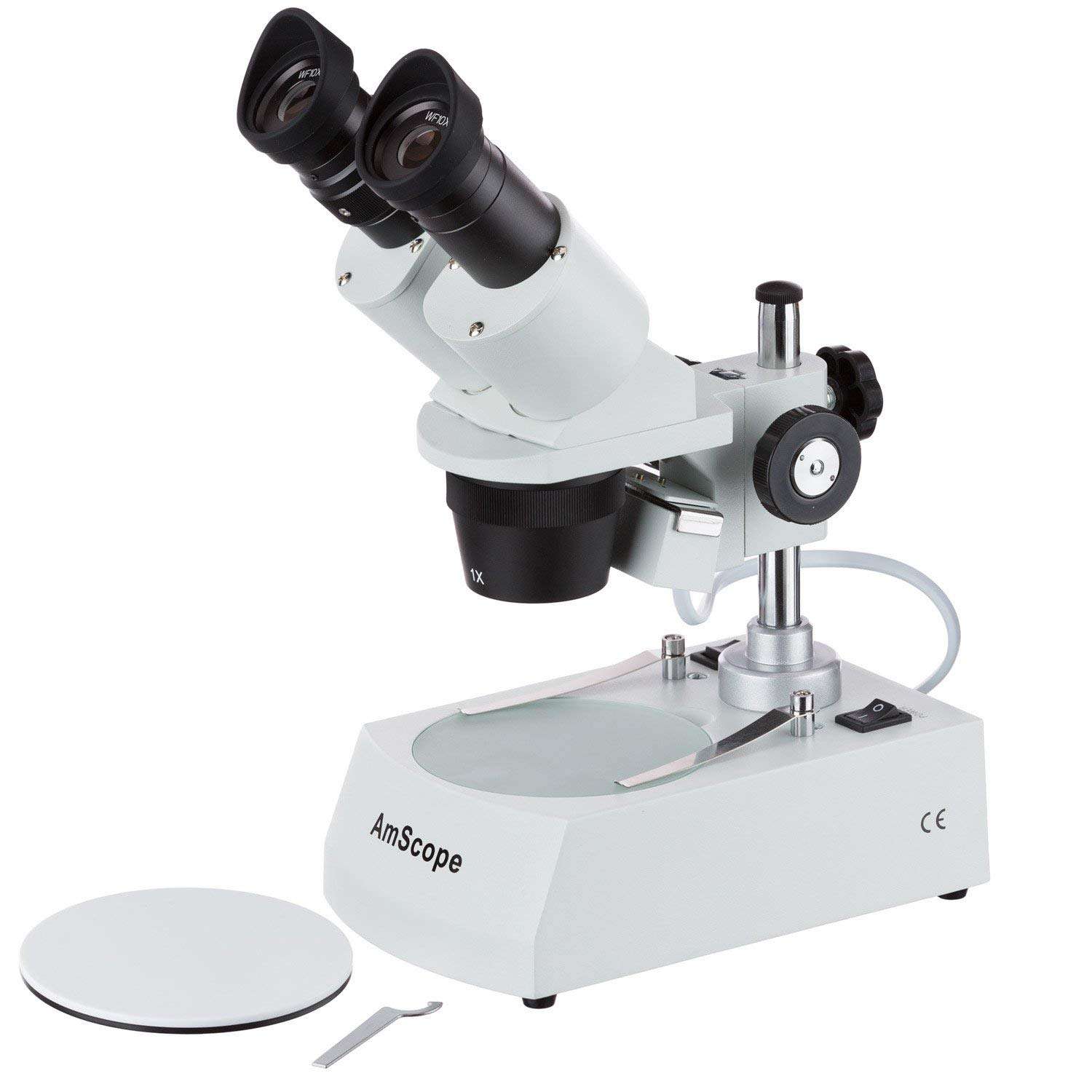 AmScope SE305R-P Forward-Mounted Binocular Stereo Microscope, WF10x Eyepieces, 10X and 30X Magnification, 1X and 3X Objectives, Upper and Lower Halogen Lighting, Reversible Black/White Stage Plate, Pillar Stand, 120V 1