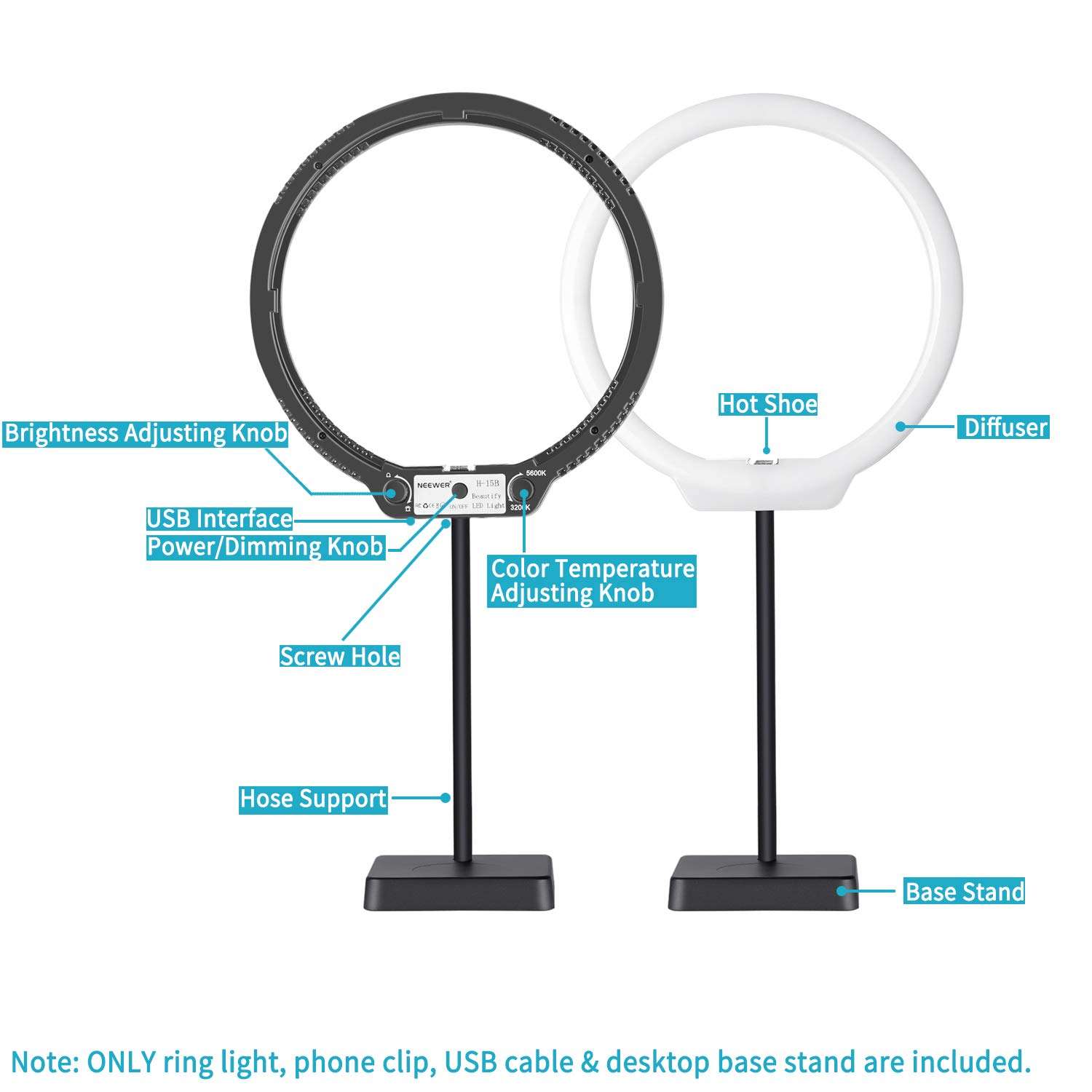 Neewer 10 inches USB-Powered LED Ring Light: 2-Power 5W/10W Dimmable Bi-color 3200-5500K On-Camera Light with Stand Base, Soft Tube, Cellphone Clamp for YouTube Videos, Make Up, Beauty, Live Streaming 3