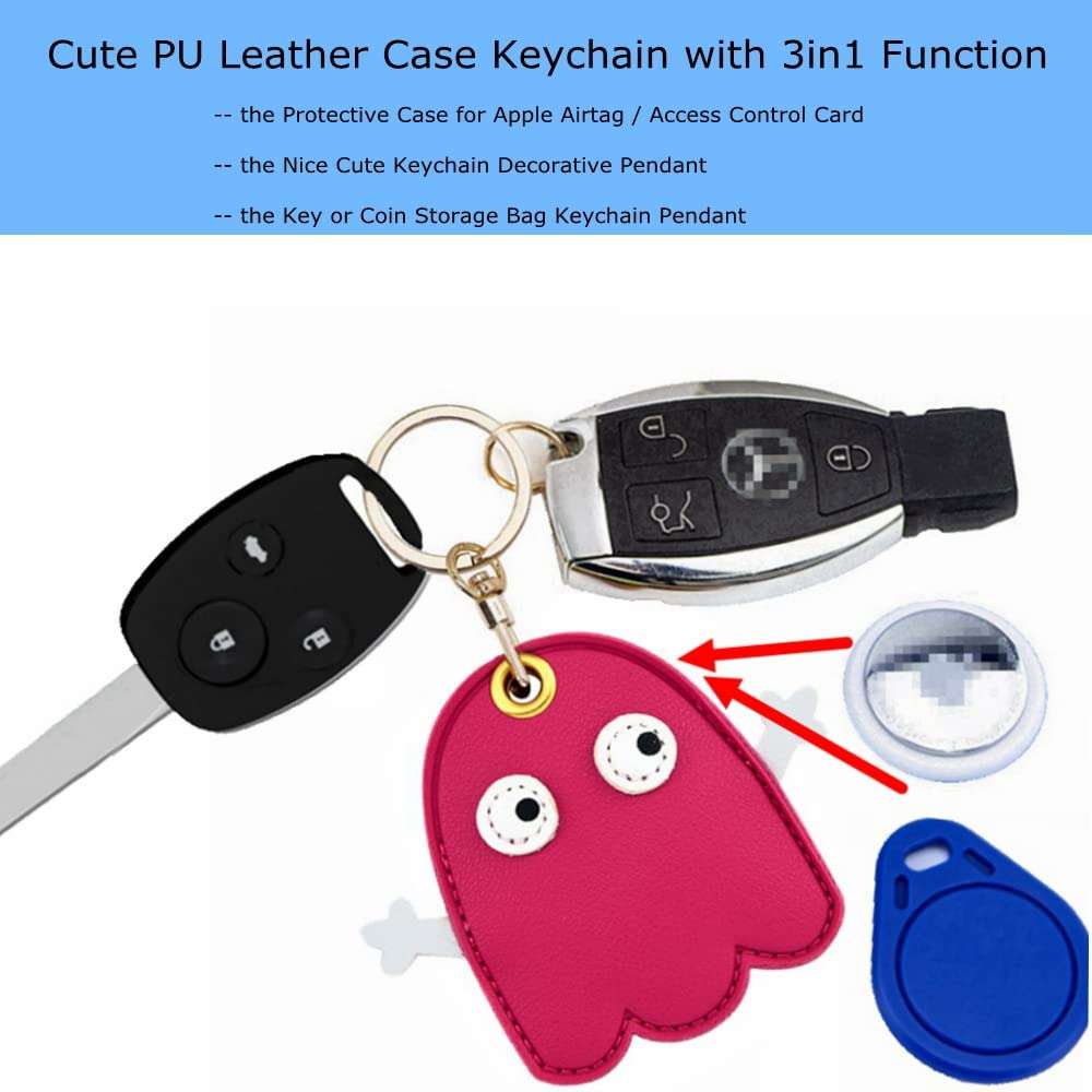 2 Pack Tomcrazy 3in1 PU Leather Protective Case for Apple Airtag Keychains Huawei Tag Cover Keys Ring Storage Pendant Access Card Keychain Suitable for Bag/Suitcase (1 Ghost & 1 Ladybug) 5
