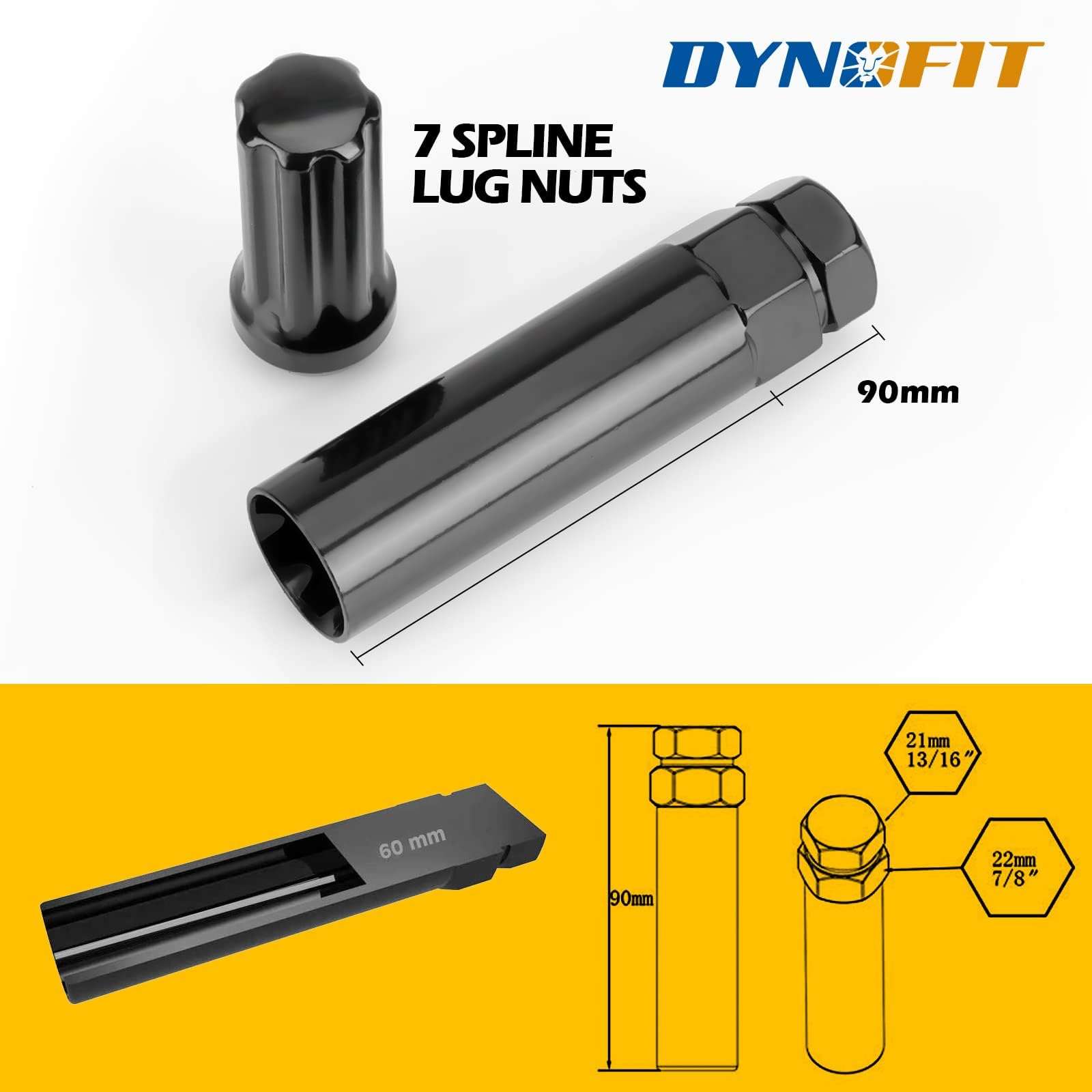 DYNOFIT 7 Spline Tuner Lug Nuts Key for Wrench with 13/16inch(21mm) and 7/8inch(22mm) Hex, Lugnuts Socket Replacement Tool for 14x1.5, 14x2.0, 9/16inch Lug Nut 1 Year Warranty 2