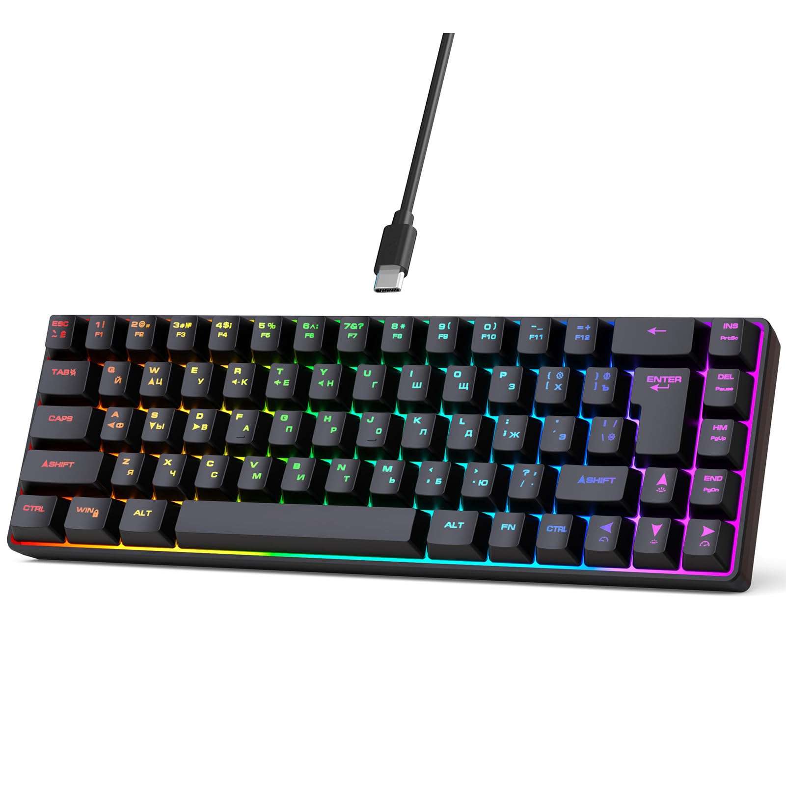 Asixxsix RGB LED Backlit Mechanical Gaming Keyboard with Russian English, 68 Key Ergonomic Wired Mechanical Keyboard for Home and Office Keyboards, Computer Keyboards (Black) 1
