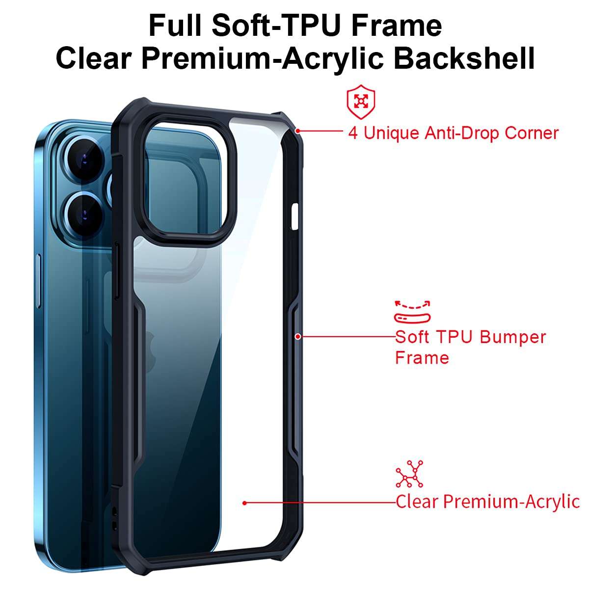 Xundd Case for iPhone 13 Pro (6.1 Inch), [Military Grade Drop Tested] Slim Clear Back with Shockproof Soft TPU Bumper Frame Cover - Black 2