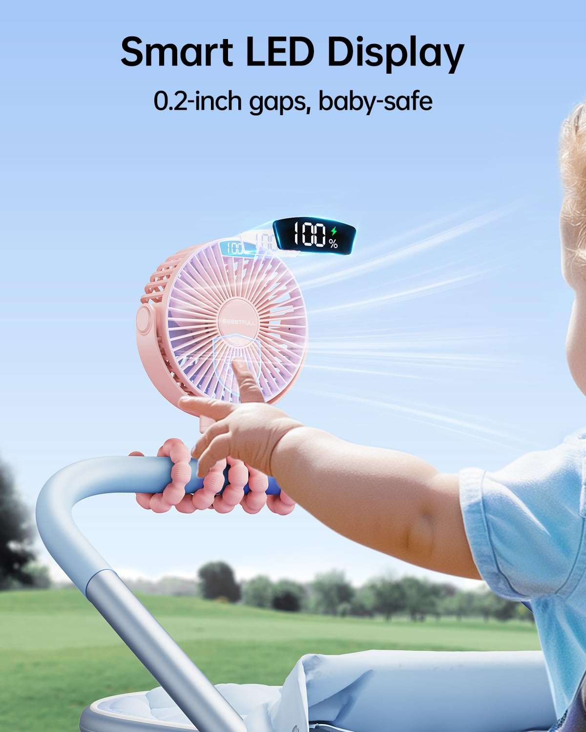 SWEETFULL Portable Stroller Fan with Display 4000mAh Battery Powered Mini Clip On Fan, 4-Speed Rechargeable Small Personal Cooling for Baby Car Seat Crib Travel - Pink 3