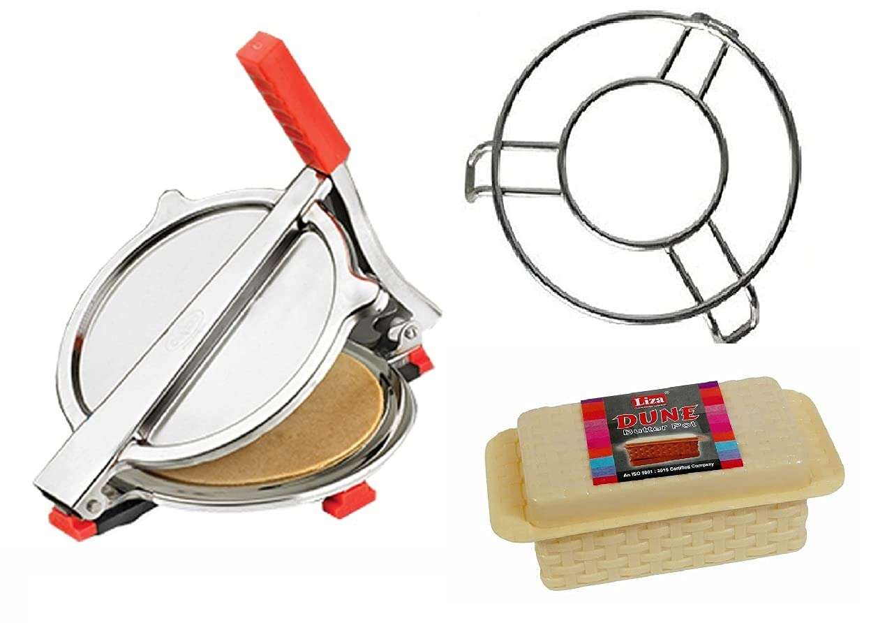Vessel Crew Combo of Stainless Steel Puri/Roti Maker Press, Stainless Steel Cooker & Pot Stand and Plastic Butter Box 1