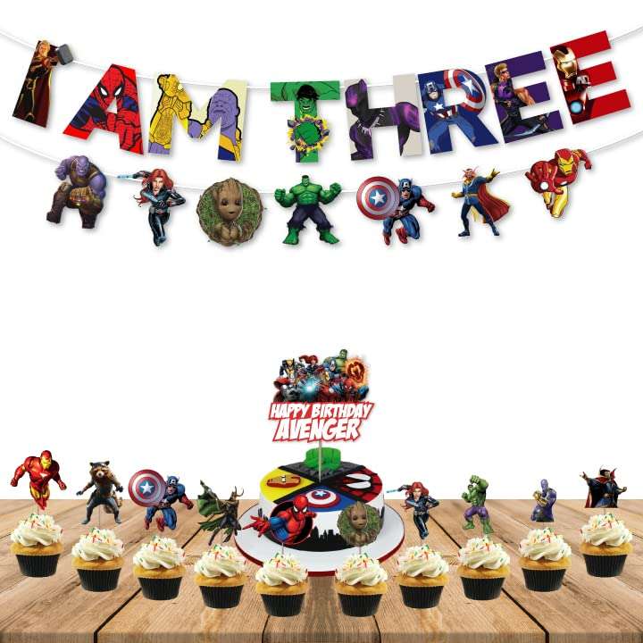 Festiko® 12 Pcs I Am Three Birthday Banner, Cake & Cupcake Toppers, I Am Three Combo, Superhero Combo Supplies, Superhero Theme Party Decorations 1