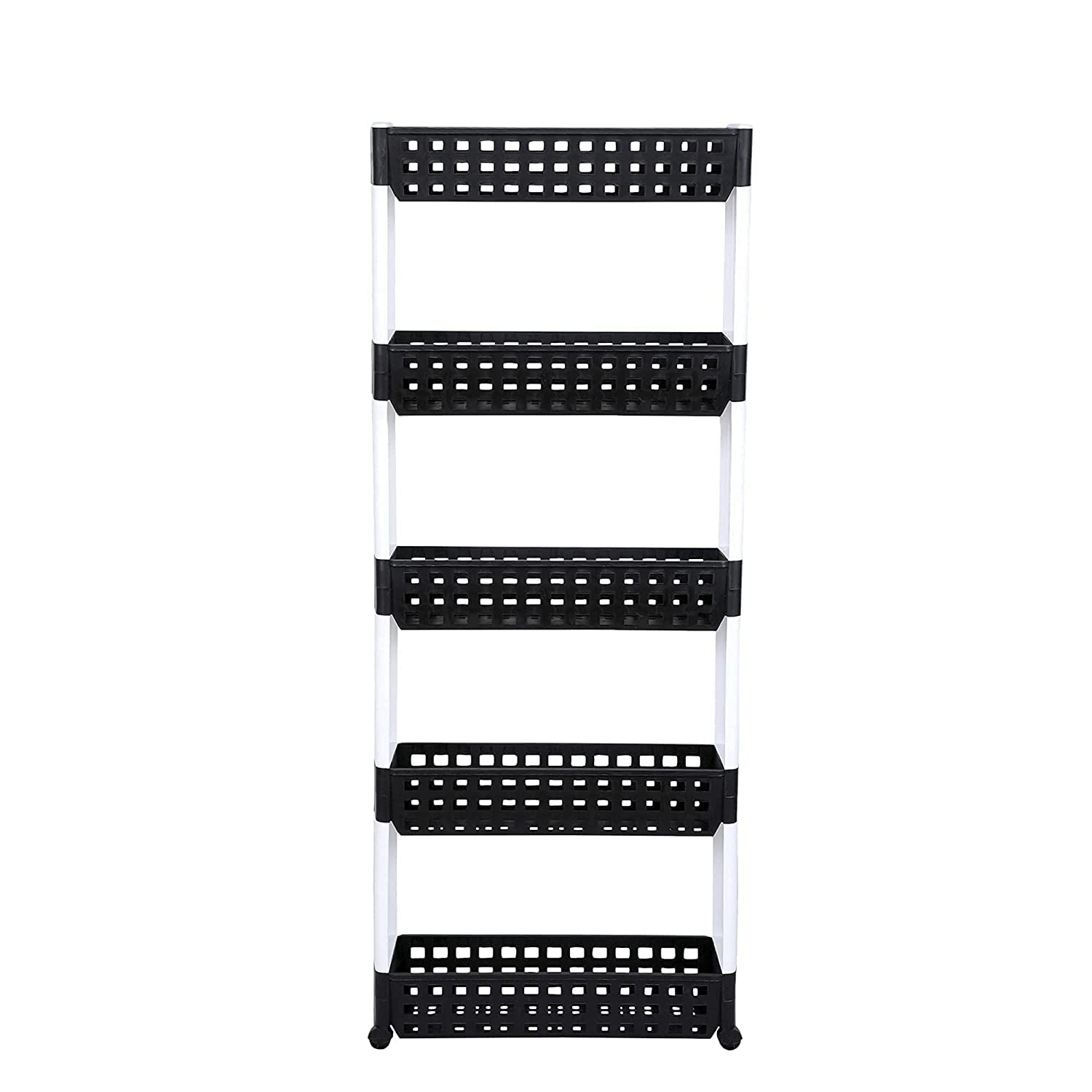 Rincy 5 Layer Multipurpose Plastic Storage Organizer Slim Rack Shelf with Wheels | Slim Slide Out Kitchen Trolley Rack Holder Storage Organ (5 Shelf, Black & White) 3