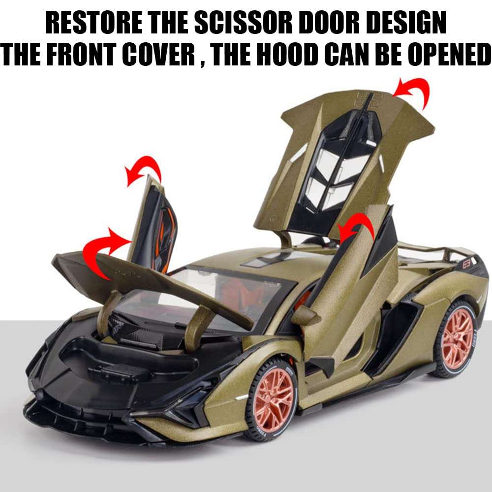 1/24 Diecast Car Toys for Kids, Zinc Alloy Lambo Sian FKP 37 Model Toy Car with Light and Sound, Pull Back Vehicles Toy Car for Toddlers Boys Girls Birthday Gift (Green) 6