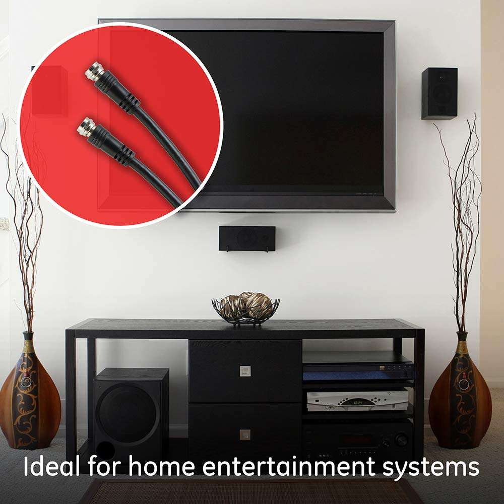 GE RG59 Coaxial Cable 25ft. (7.6m), Black, F-Type Connections Jacks, Low Loss, Double Shielded Coax Cable, Input/Output, Ideal for Antennas, DVR, VCR, Satellite to TV, 23210 4