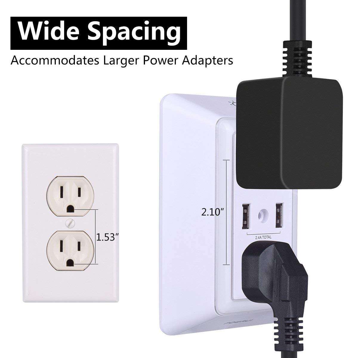 USB Wall Charger, Surge Protector, POWRUI USB Outlet with 2 USB Ports (2.4A Total) and Dusk-to-Dawn Sensor Night Light, 1080Joules, ETL Listed - White (2-Pack) 3