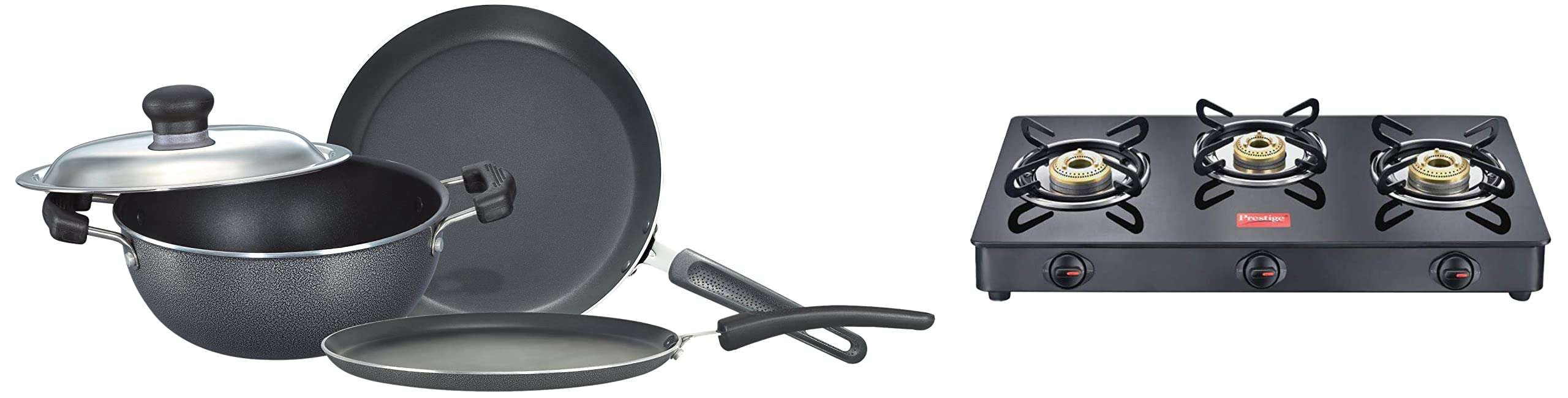 Prestige Omega Select Plus Residue Free Non-Stick Kitchen Set, 3-Pieces + IRIS LPG Gas Stove, 3 Burner, Black 1