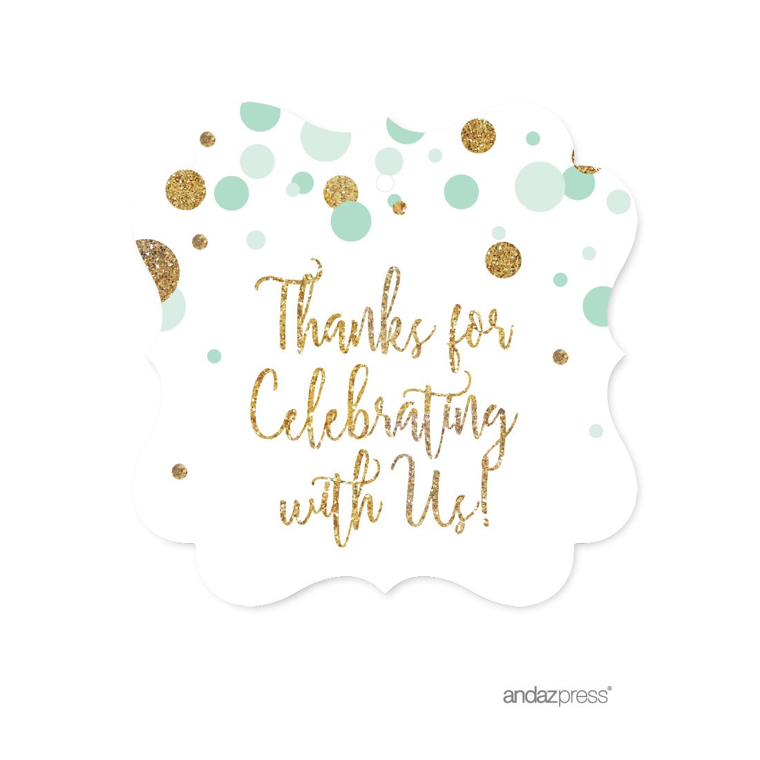 Andaz Press Mint Green Gold Glitter Boy Baby Shower Party Collection, Fancy Frame Gift Tags, Thanks for Celebrating with US, 24-Pack