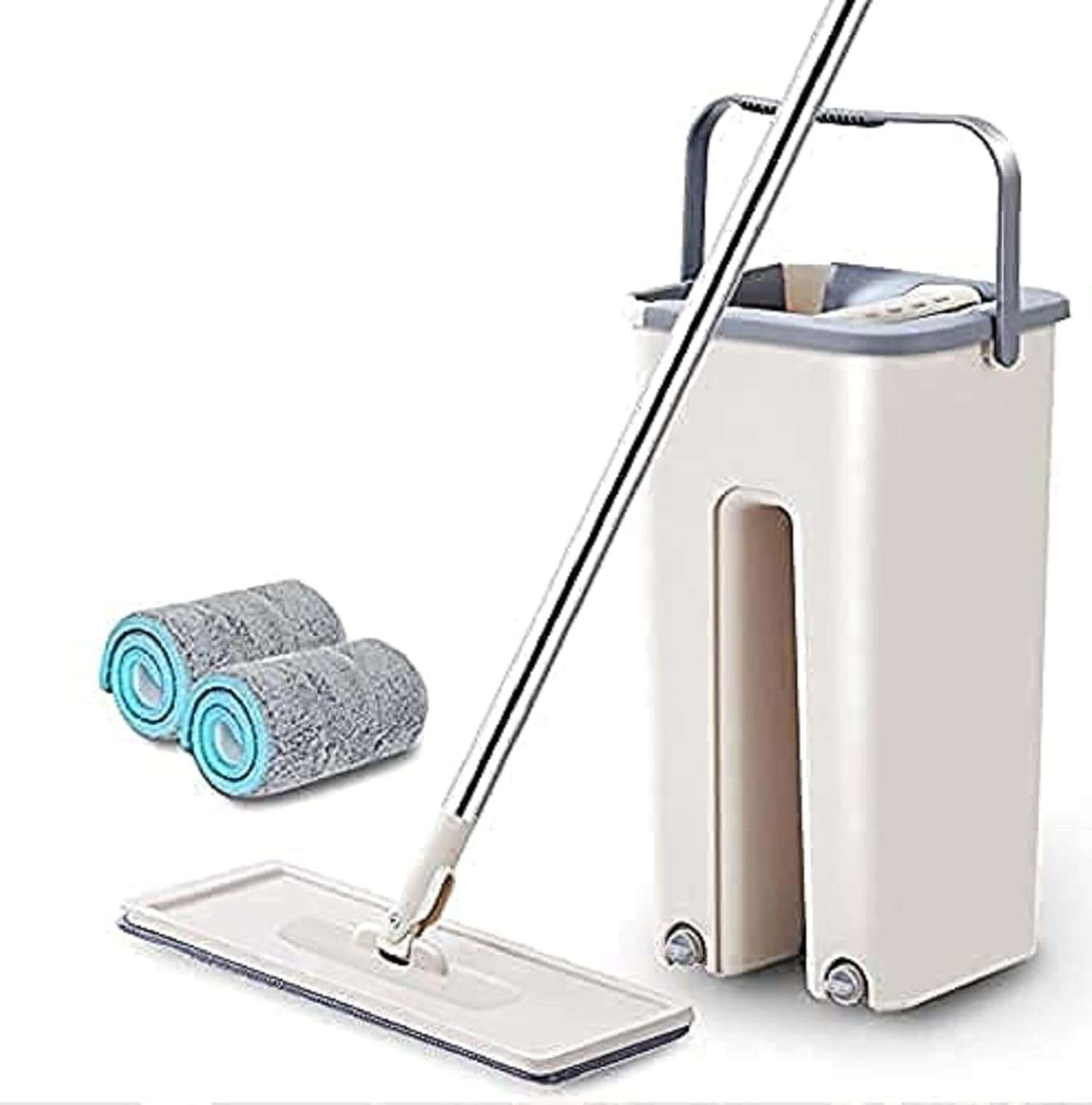 ISNLISH Mop Heavy Quality Floor with Bucket, Flexible Kitchen tap Flat Squeeze Cleaning Supplies Head/2 Reusable Pads Clean Home Floor Cleaners