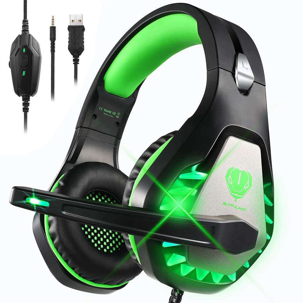 DIWUER Stereo Gaming Headset for Nintendo Switch, PS4, Xbox One with Noise Cancelling Mic, Soft Earmuffs Surround Sound Over Ear Headphones with LED Light for PC (Green) 1