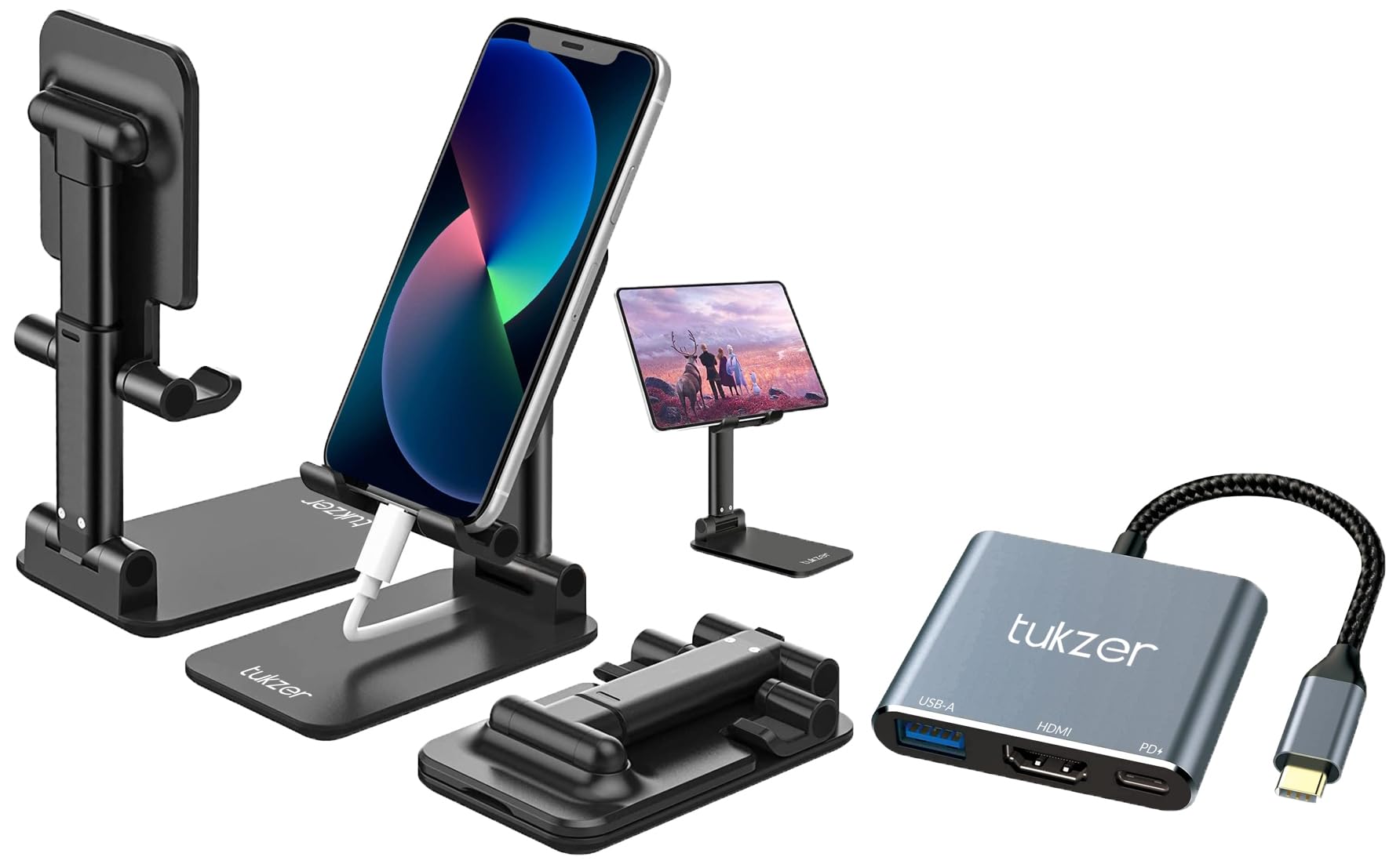 Tukzer 3-in-1 USB Type C to HDMI Adapter 4K@30Hz & Tabletop Fully Foldable Desktop Tablet Mobile Stand Holder with Angle & Height Adjustable for Desk, Cradle, Dock (Black)