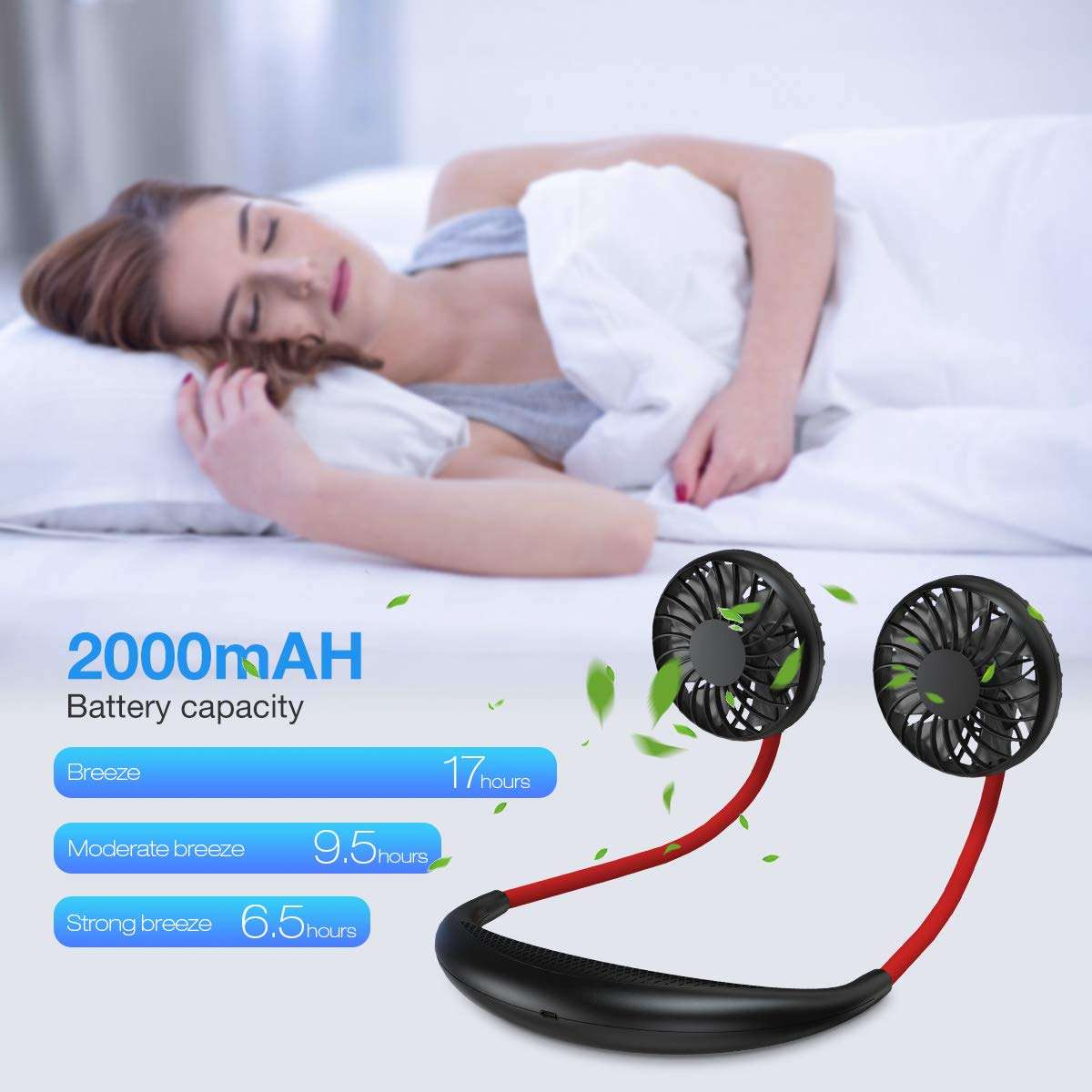 GIM 6.5-17 Hours Rechargeable USB Portable Hanging Neck Personal Sports Fan with 3 Level Air Flow 7 LED lights (Black, Red) 3