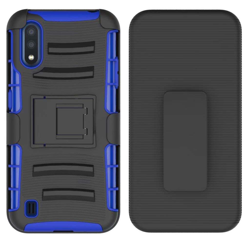 for Samsung Galaxy A01 (SM-A015F SM-A015V A015M), Case + Tempered Glass Sceeen Protector, Anti-Slip Shockproof Rugged Belt Clip Holster Heavy Duty Hybrid Tough Armor Case w/h Kickstand (Blue) 2