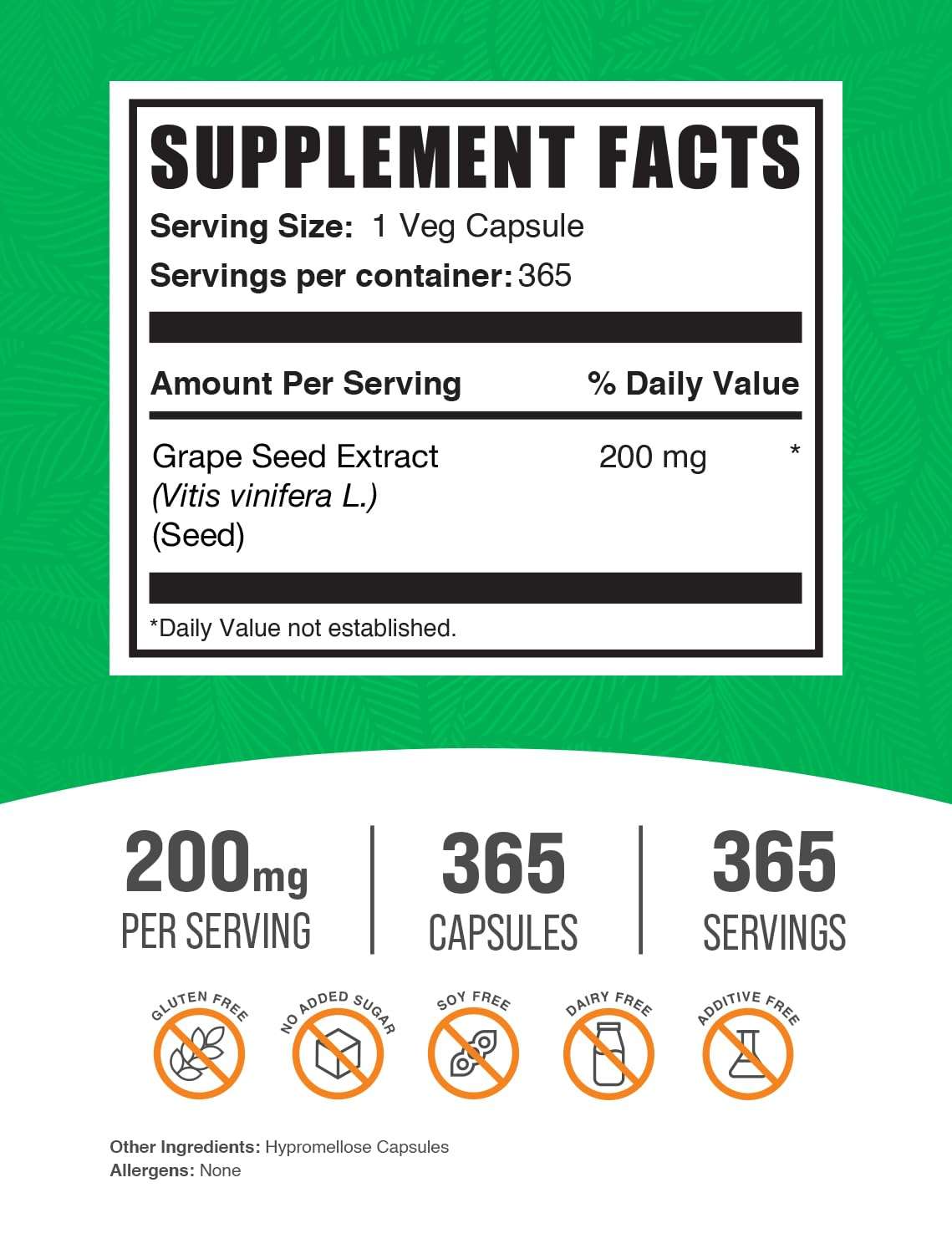 BulkSupplements.com Grape Seed Extract Capsules - Antioxidant Supplement, Grape Seed Extract 200mg - Vegan & Gluten Free, 1 Capsule per Serving, 365 Veg Capsules (Pack of 1) 3