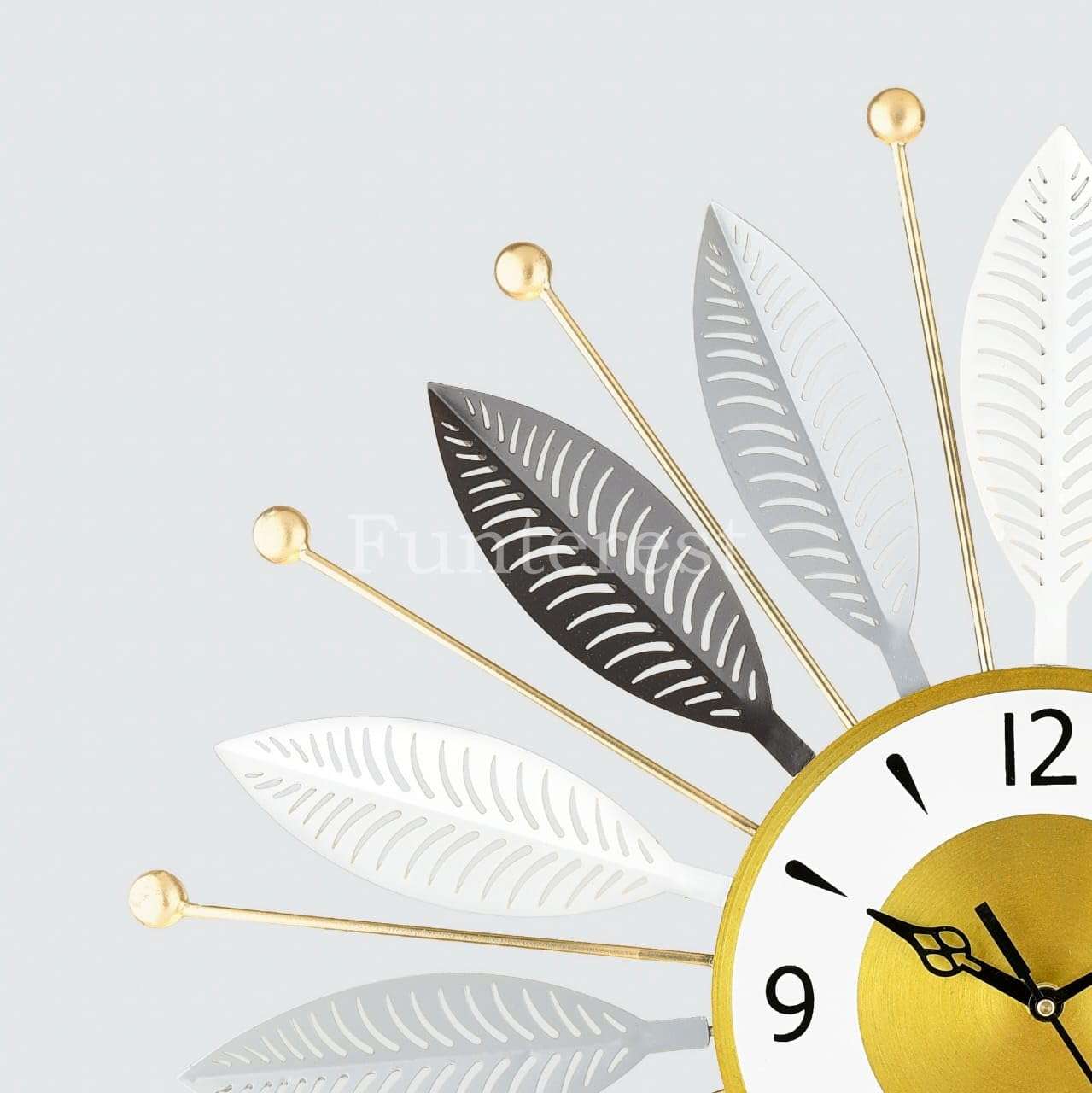 FUNTEREST Luxury Metal Wall Clock for Living Room | Decorative Sunburst Leaf Design Wall Clock | Silent Quartz Movement | Modern Home & Office Décor (55X55 Cm) (Gold, Grey & Brown) 3