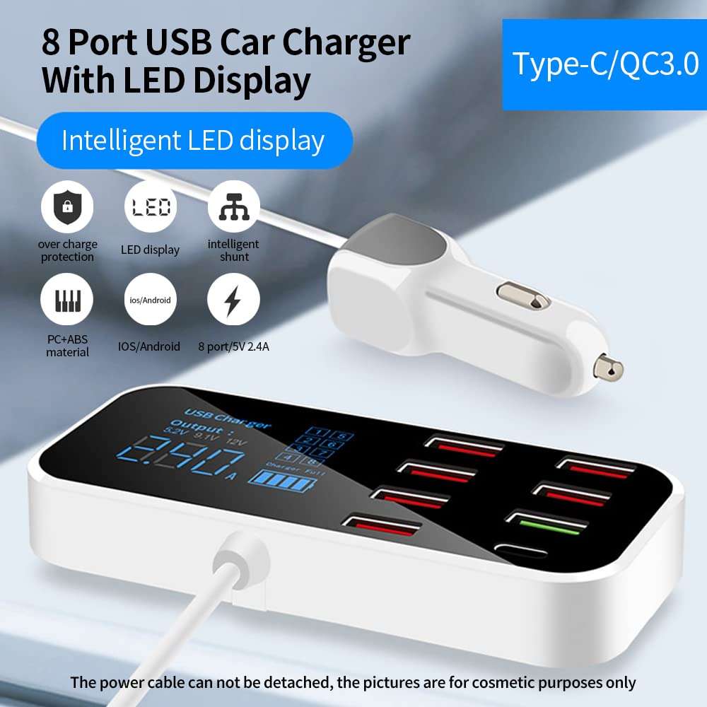 Ketsicart A9S+ 8 Port Car Charger with LED Display Type-C QC3.0 Quick Charging ligent Portable Safe Vehicle Charger Station 3