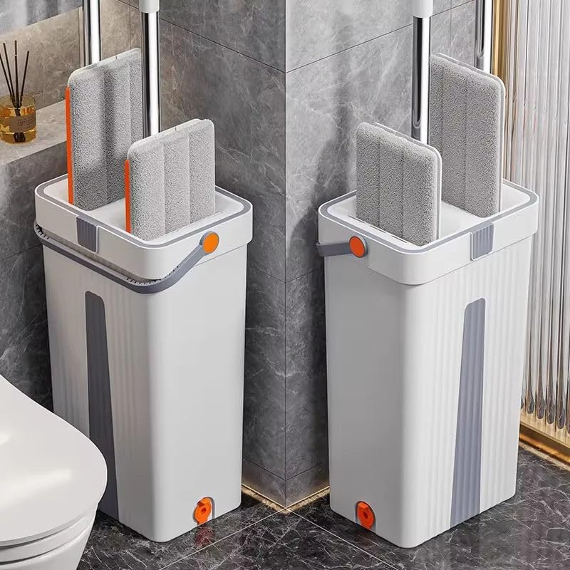 MechHeavenHousehold Self-Cleaning Mop System with Bucket, Automatic Separation Rotary Flat Mop, Hands-Free Cleaning, White and Gray