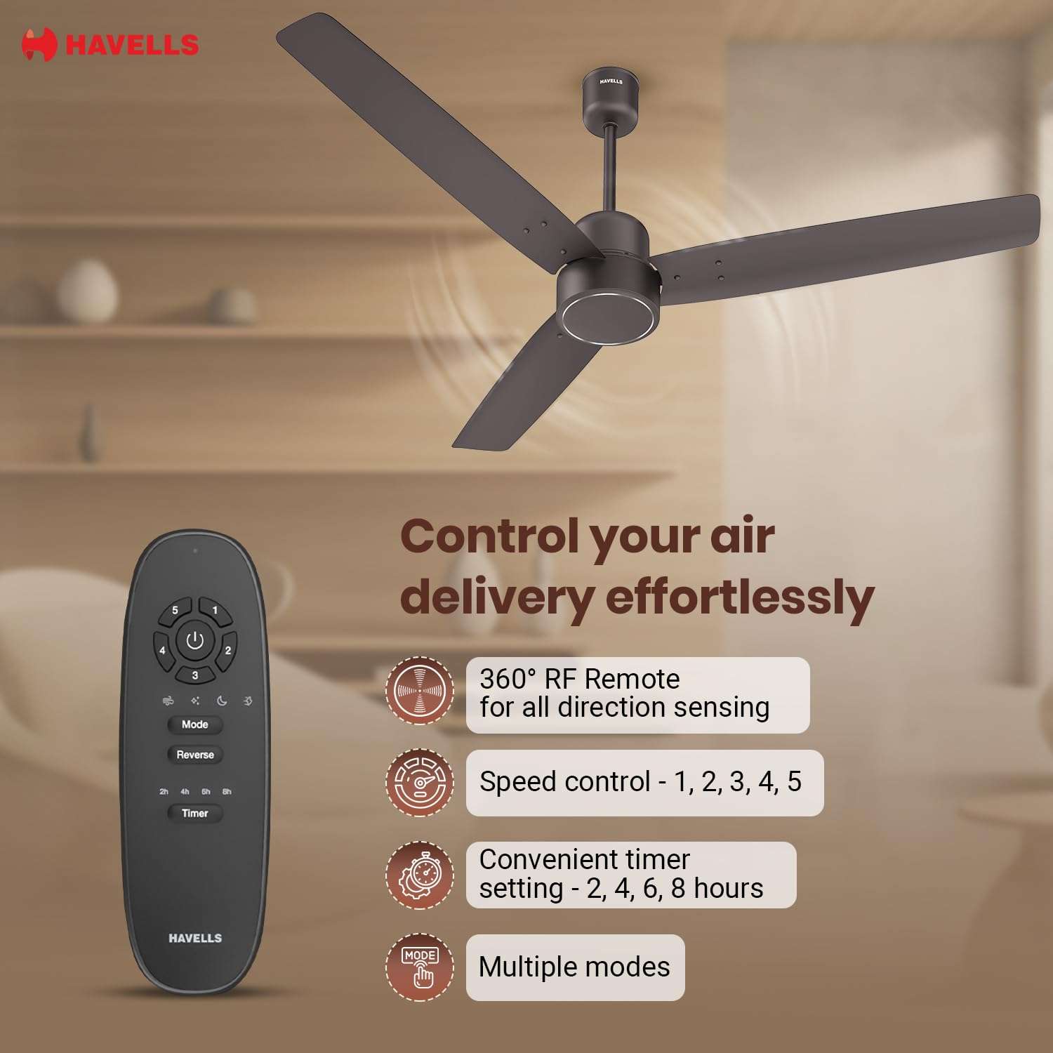 Havells FAB BLDC Ceiling Fan 1200mm, 380 RPM, Savings upto 65%, Reverse Rotation, 4 Modes (Boost, Sleep, Breeze, Mop), Low Wattage 30W, Low Noise, Air Flow:225 CMM, 3 Year Warranty, Cocoa Brown 3