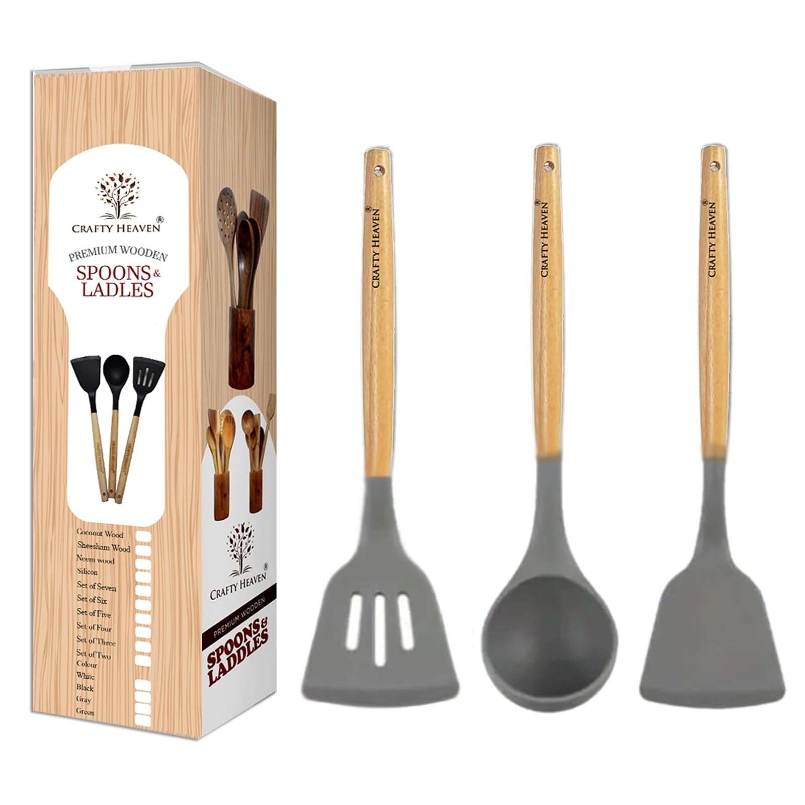 Crafty Heaven Wooden Handle Silicone Spatula Set for Kitchen BPA Free Non-Stick Non Toxic Cooking High Heat Resistant Ladles Turner Serving Cooking Spoon Set of 3 (Gray) 1