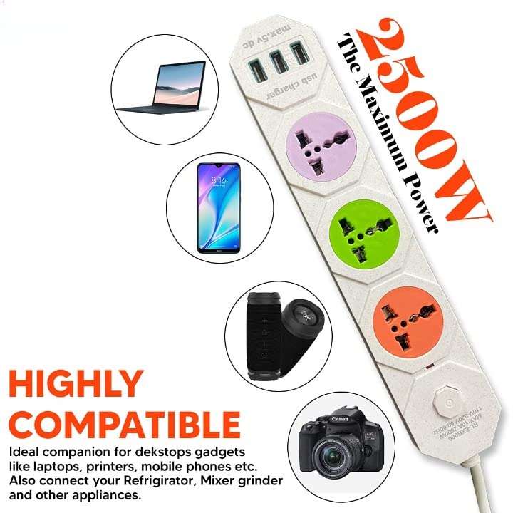 10A 3 -Way Extension Board Socket with 3 USB Socket 3 Socket Extension Boards (Multicolour) 6