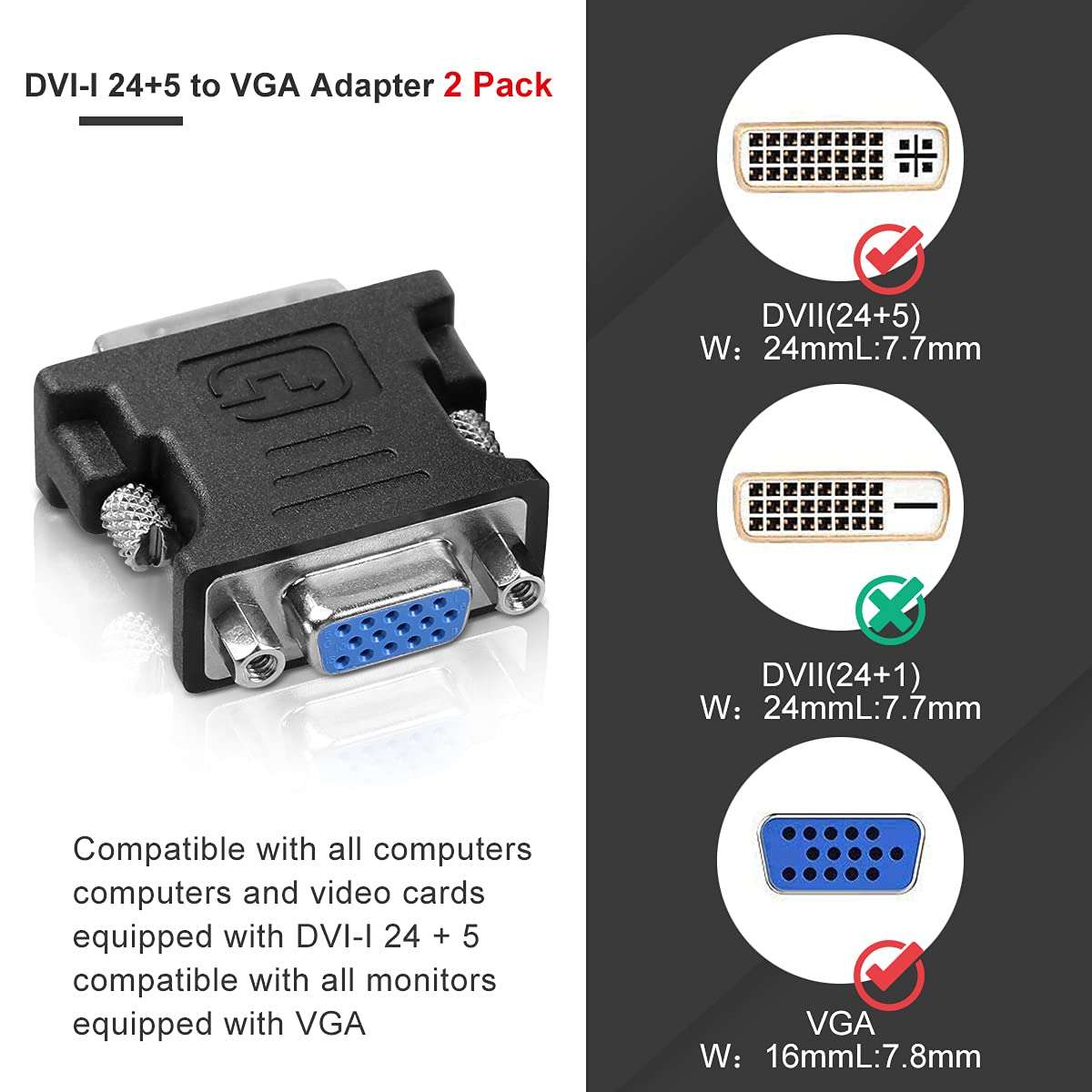 1080P DVI to VGA Adapter 2 Pack,Guamar DVI-I 24+5 to VGA Male to Female Converter Connector for Computer, Laptop,PC Host,Display Screen, Monitor and Projector 2