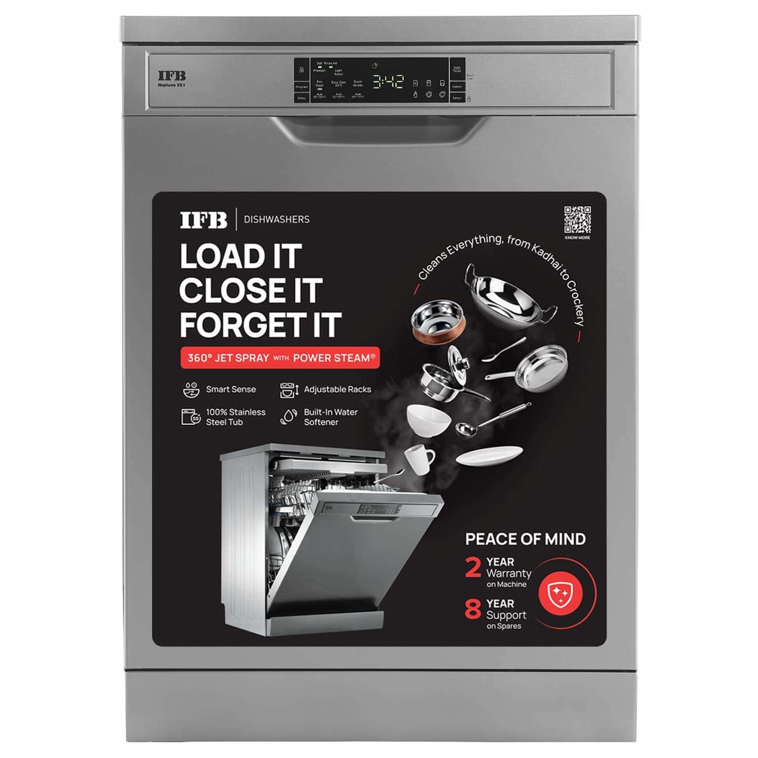IFB 12 Place Settings Hot water wash Free Standing Dishwasher (Neptune VX1, Graphite Grey, In Built Heater with Hygienic Steam Drying, Perfect for Indian Utensils)