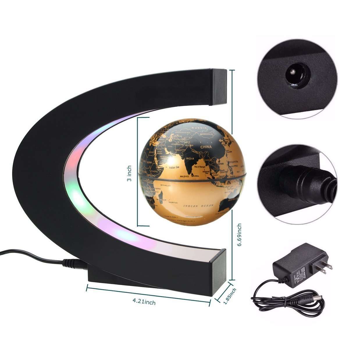 Floating Globe, Arvin Magnetic Levitation Globe Rotating Globe Educational Learning Geographic Political World Map with Funny C Shape Desktop Stand and LED Light for Home School Desk Office Décor Gold 5