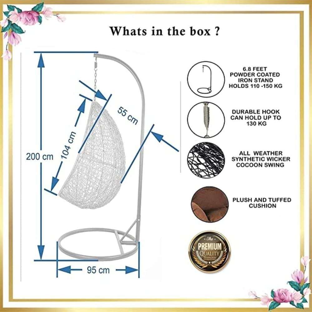 Blissful Backyards India Single Seater Swing Chair with Stand & Cushion Outdoor Indoor Balcony Garden Patio,Powder Coated Frame,UV Protected Wicker,Premium Cushion AF_in_010 6