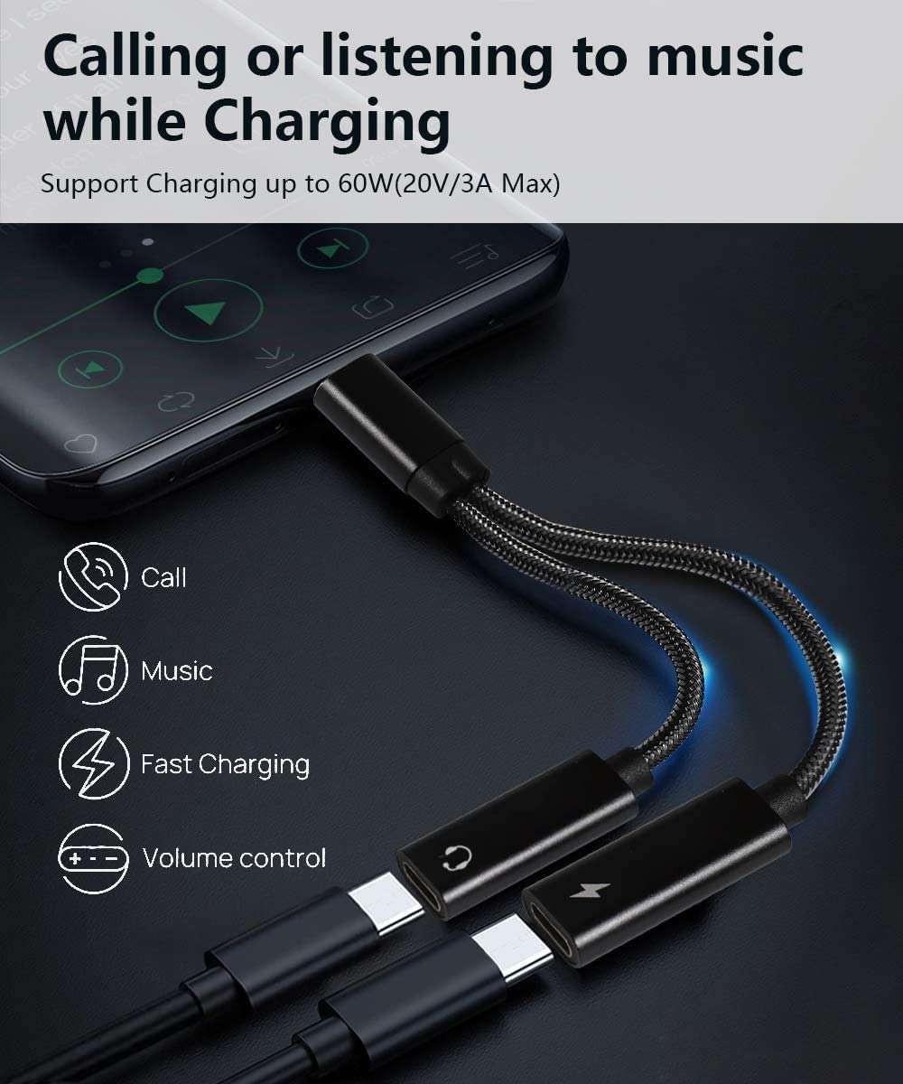 USB C Splitter, Dual USB C Headphones and Charger Adapter with PD 60W Fast Charging for iPhone 16/16Pro/16Pro Max, Pixel 8 7 6XL,Samsung Galaxy S25 S24 S23 S22+ Note 20 and More 2