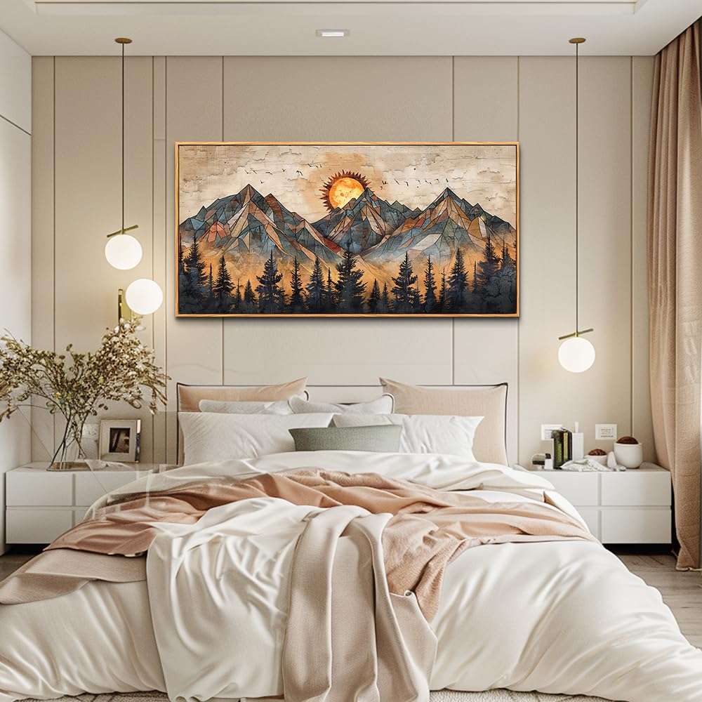 ZUITINGHUA Wood Framed Wall Art for Living Room Canvas Wall Decor for Bedroom Office Decorations Abstract Boho Wall Paintings Mountain Landscape Wall Pictures Modern Home Decor Artwork 20x40 in 4