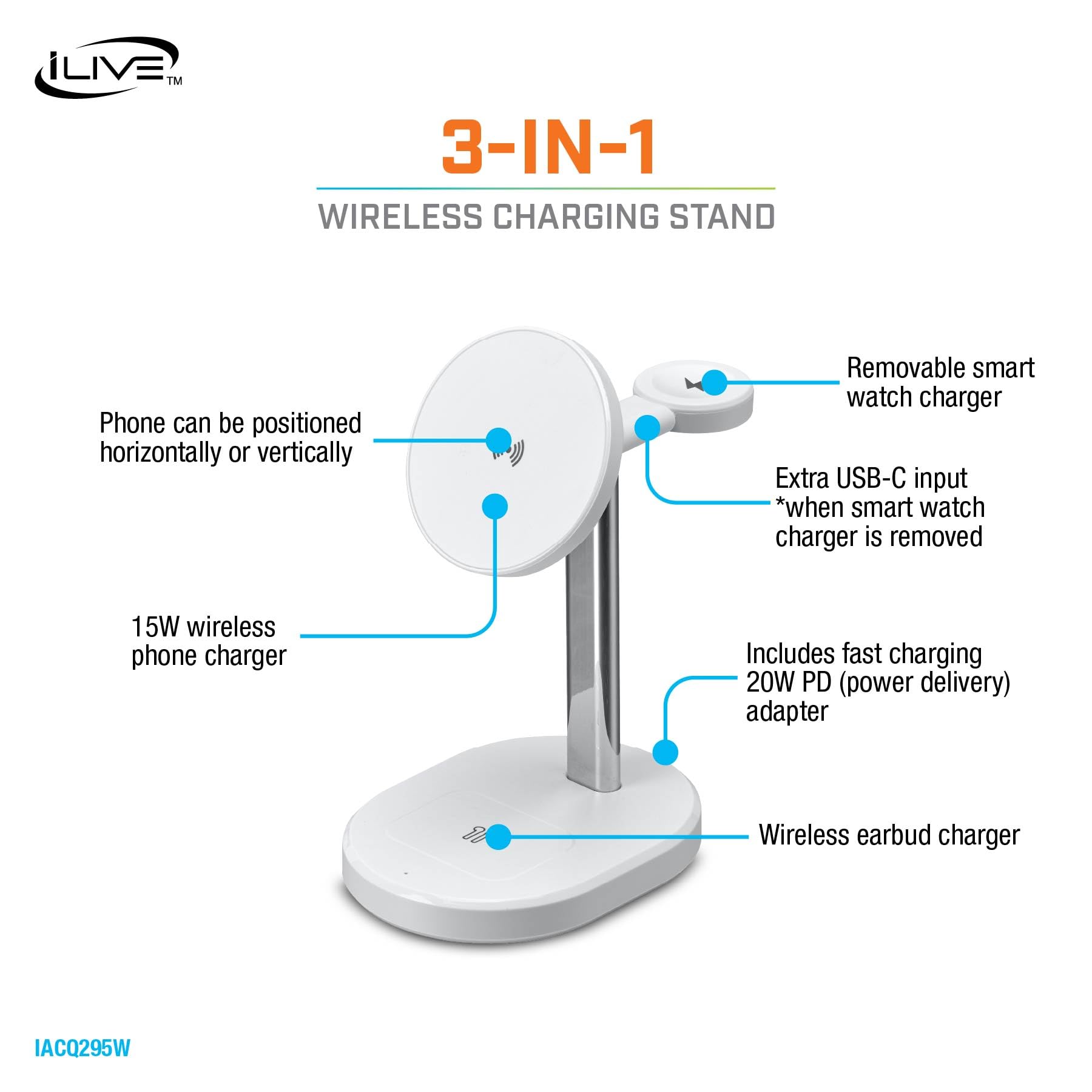 iLive Electronics 3-in-1 Wireless Charging Stand, IACQ295W 5
